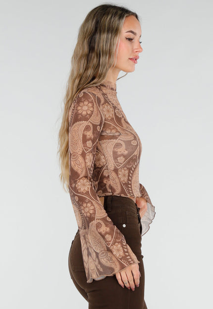 NEW211026 Bruine Mesh Top met Paisley Print