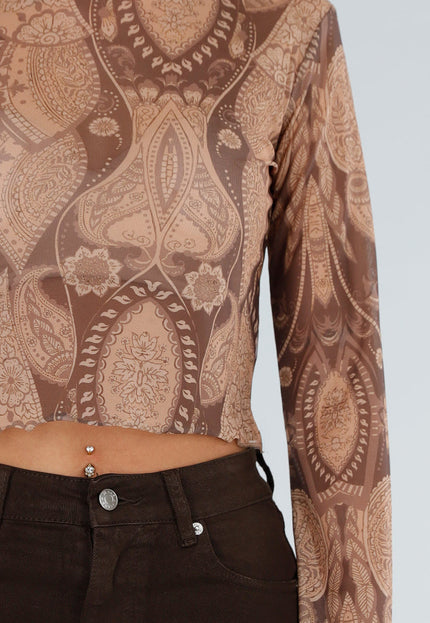 NEW211026 Bruine Mesh Top met Paisley Print