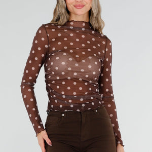 NEW211026 Bruine Mesh Top met Stippen