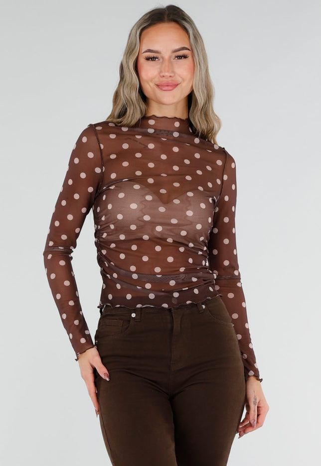 NEW211026 Bruine Mesh Top met Stippen