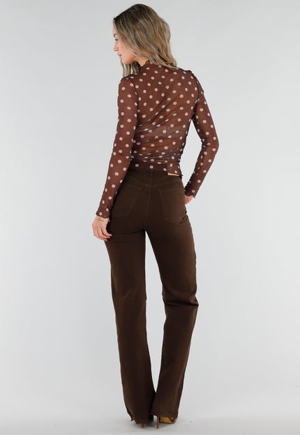NEW211026 Bruine Mesh Top met Stippen