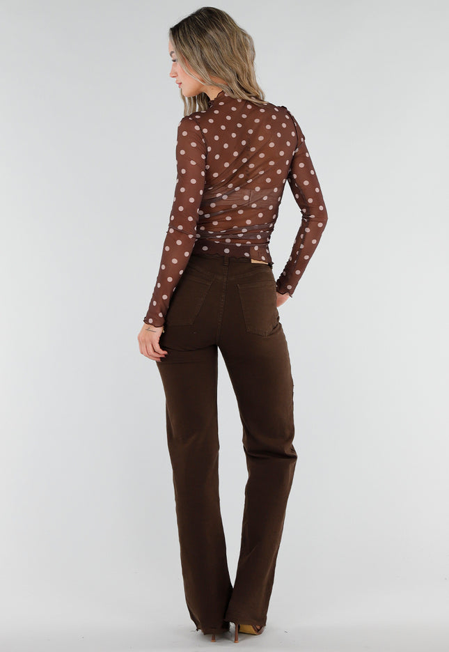 NEW211026 Bruine Mesh Top met Stippen