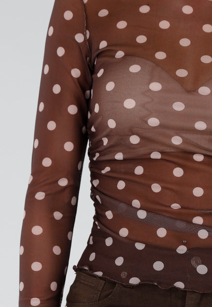 NEW211026 Bruine Mesh Top met Stippen