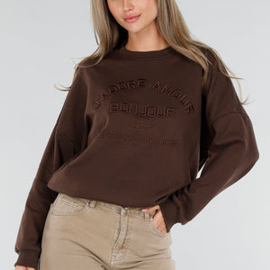NEW211026 Bruine Oversized Sweater met Tekstopdruk