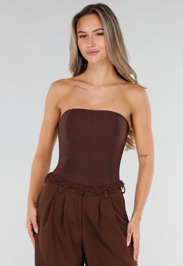 NEW211026 Bruine Strapless Korsettop met Kant