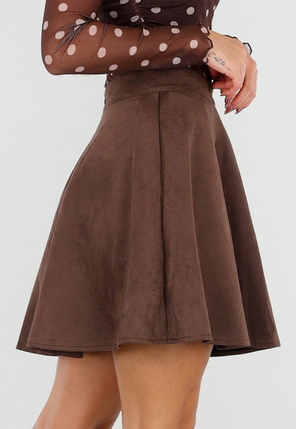 NEW211026 Bruine Suèdelook Rok met Uitlopende Fit