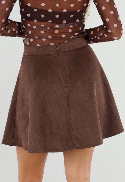 NEW211026 Bruine Suèdelook Rok met Uitlopende Fit