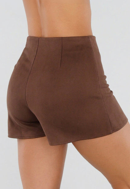 NEW211026 Bruine Suèdelook Skort met Overslag