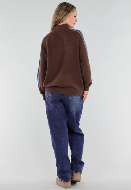 NEW211026 Bruine Trui met Blauwe Strepen en Rits