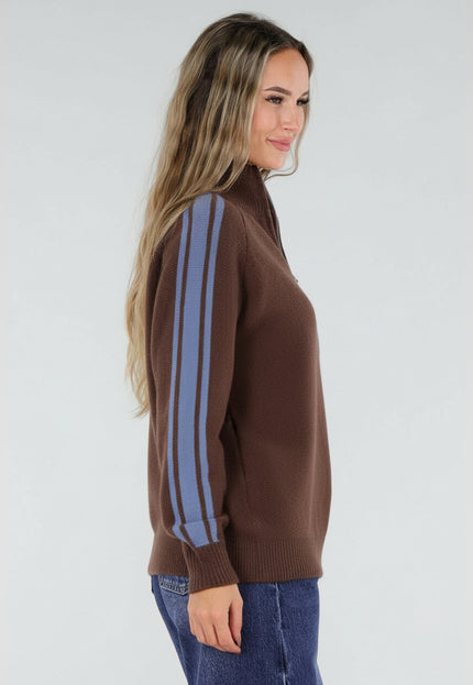 NEW211026 Bruine Trui met Blauwe Strepen en Rits