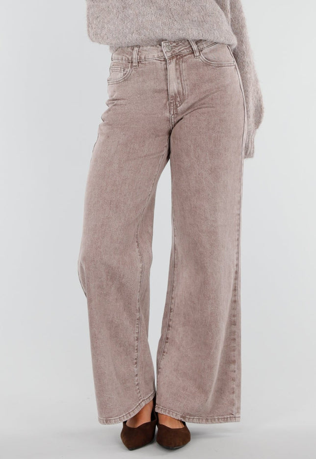 NEW211026 Bruine Wide Leg Jeans met Hoge Taille