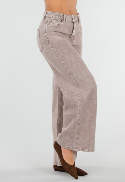 NEW211026 Bruine Wide Leg Jeans met Hoge Taille