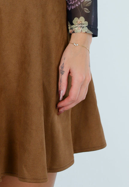 NEW211026 Camel Sudelook Rok met Hoge Taille en A-Lijn