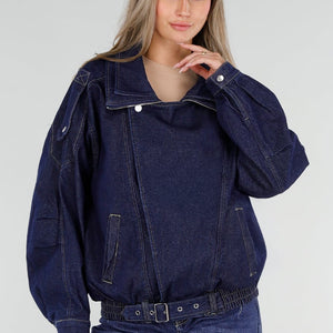 NEW211026 Donkerblauw Denim Bikerjack met Riem