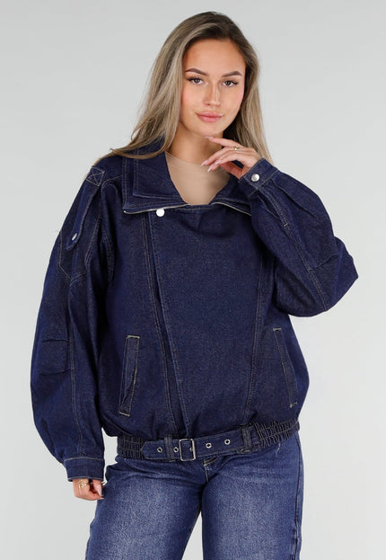 NEW211026 Donkerblauw Denim Bikerjack met Riem