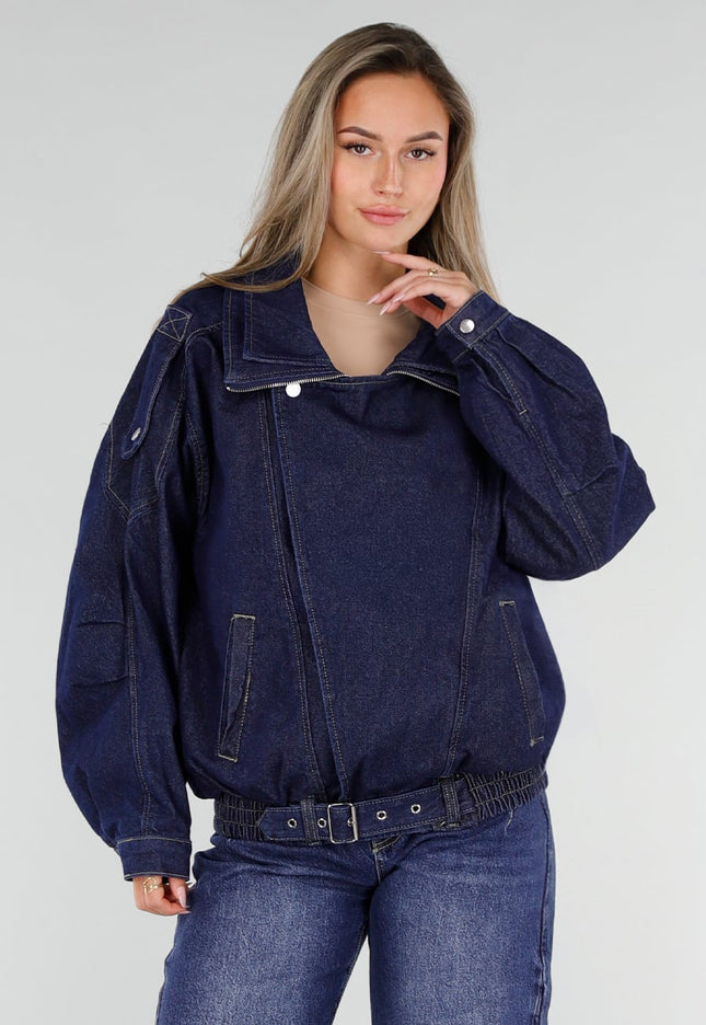 NEW211026 Donkerblauw Denim Bikerjack met Riem