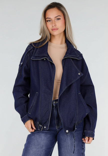 NEW211026 Donkerblauw Denim Bikerjack met Riem