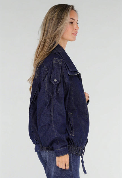 NEW211026 Donkerblauw Denim Bikerjack met Riem