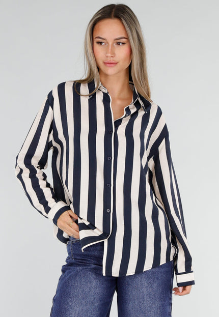 NEW211026 Donkerblauw Ecru Gestreepte Blouse met Knopen