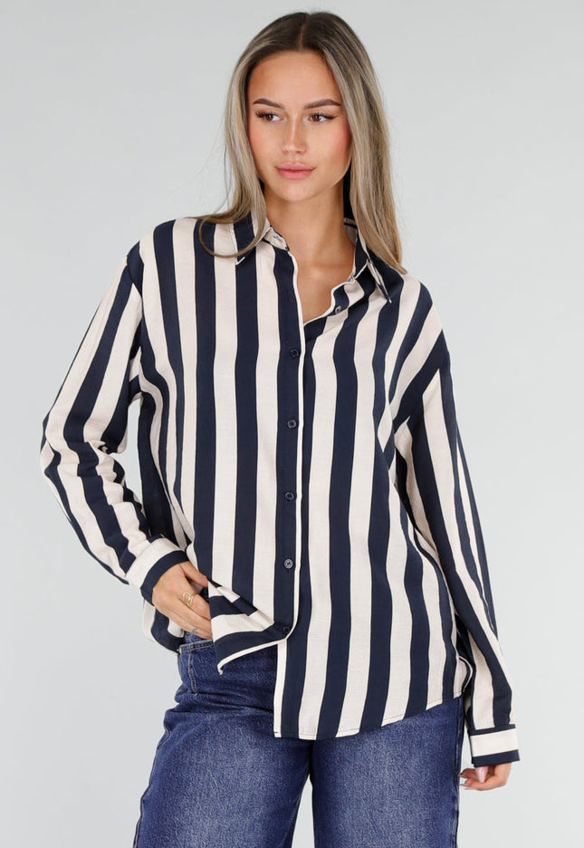 NEW211026 Donkerblauw Ecru Gestreepte Blouse met Knopen