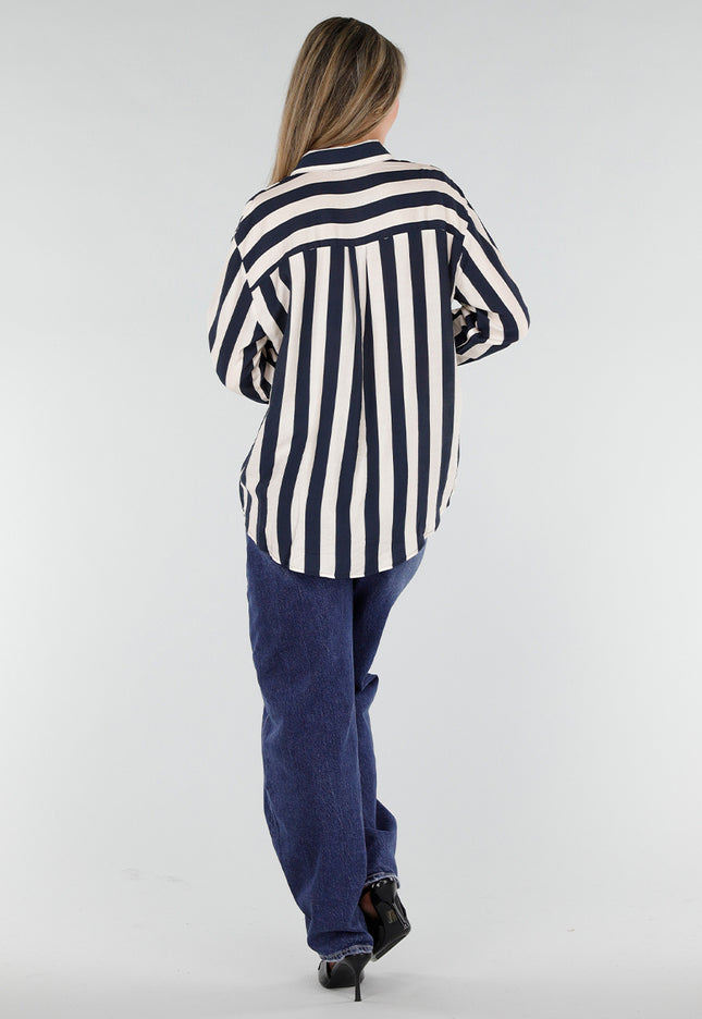 NEW211026 Donkerblauw Ecru Gestreepte Blouse met Knopen