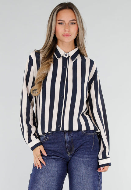 NEW211026 Donkerblauw Ecru Gestreepte Blouse met Knopen
