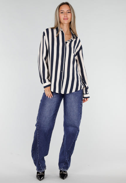 NEW211026 Donkerblauw Ecru Gestreepte Blouse met Knopen
