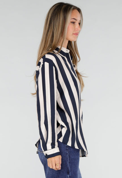 NEW211026 Donkerblauw Ecru Gestreepte Blouse met Knopen