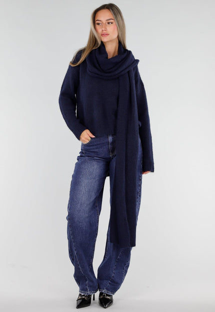 NEW211026 Donkerblauwe Gebreide Wollen Trui met Sjaal