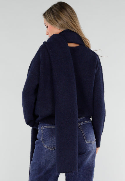 NEW211026 Donkerblauwe Gebreide Wollen Trui met Sjaal