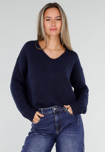 NEW211026 Donkerblauwe Gebreide Wollen Trui met Sjaal