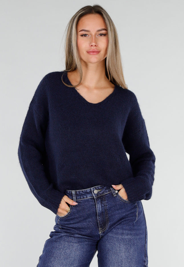NEW211026 Donkerblauwe Gebreide Wollen Trui met Sjaal