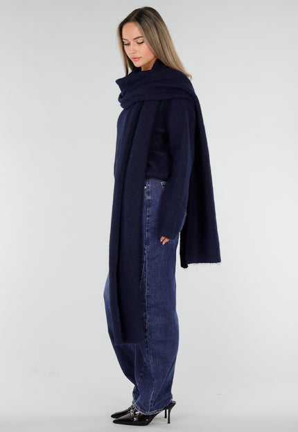 NEW211026 Donkerblauwe Gebreide Wollen Trui met Sjaal