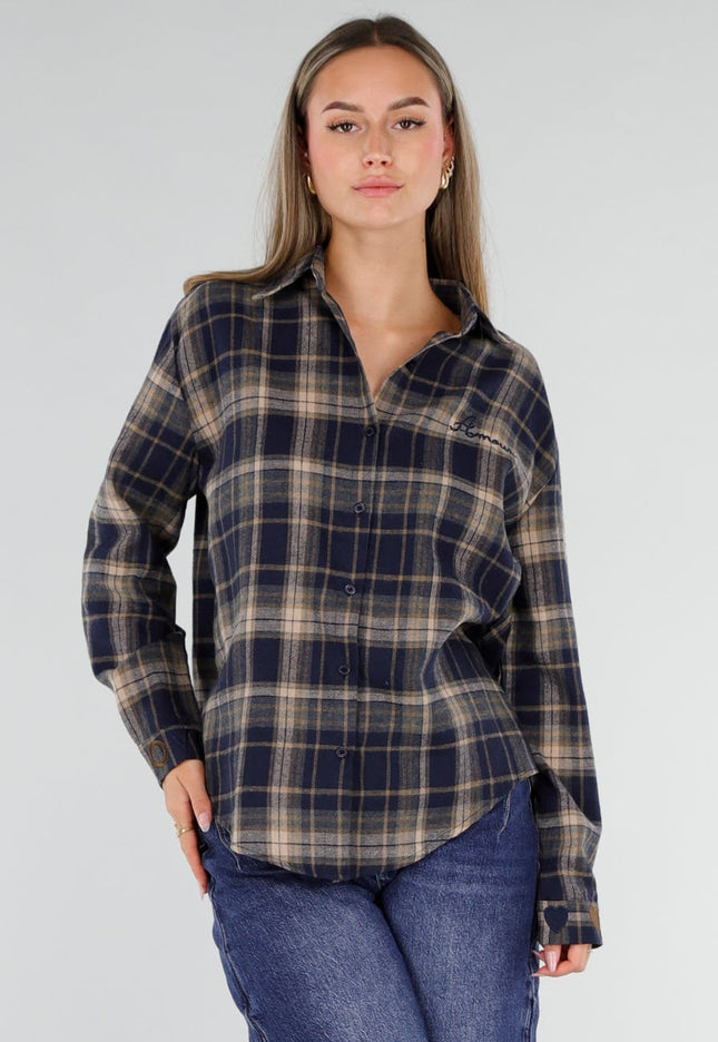 NEW211026 Donkerblauwe Geruite Blouse met Borduursels