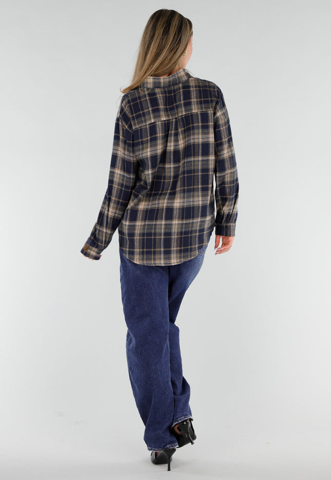 NEW211026 Donkerblauwe Geruite Blouse met Borduursels