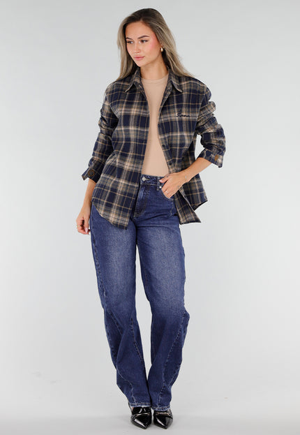 NEW211026 Donkerblauwe Geruite Blouse met Borduursels