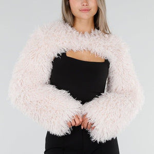 NEW211026 Ecru Faux Fur Bolero met Lange Mouwen