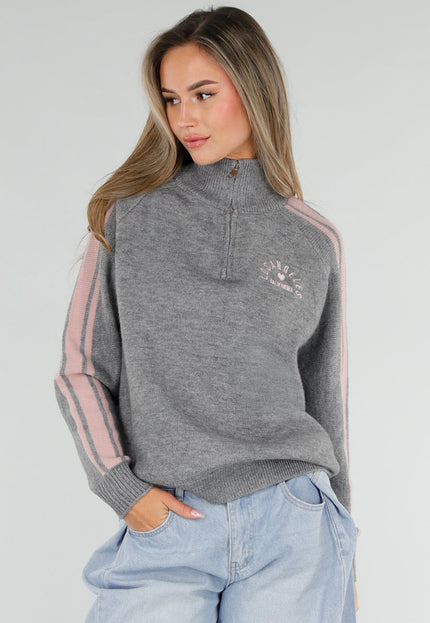 NEW211026 Grijze Trui met Roze Strepen en Rits