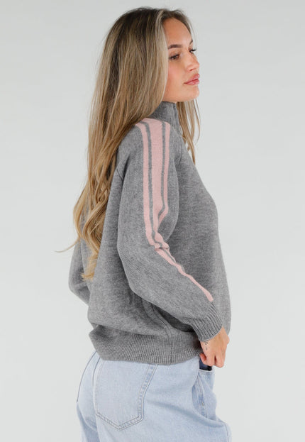 NEW211026 Grijze Trui met Roze Strepen en Rits