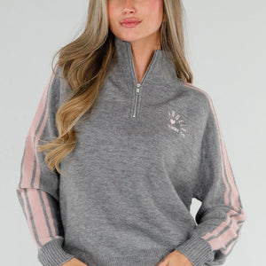 NEW211026 Grijze Trui met Roze Strepen en Rits