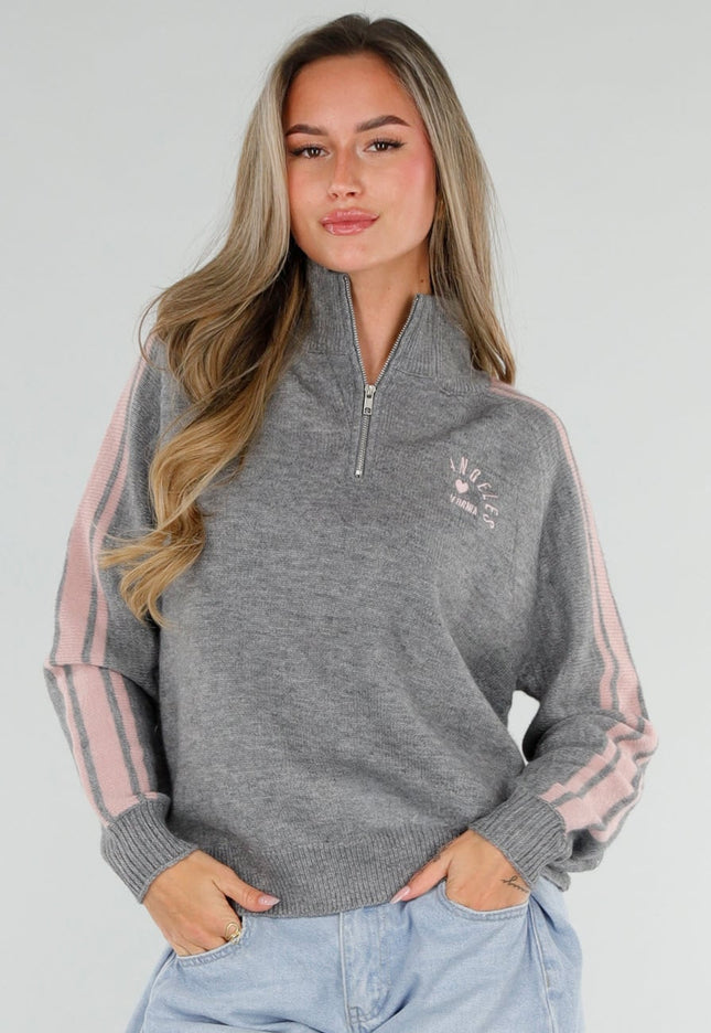 NEW211026 Grijze Trui met Roze Strepen en Rits