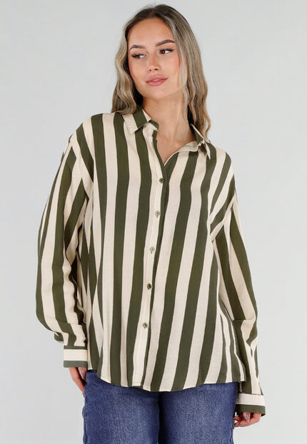 NEW211026 Groen Ecru Gestreepte Blouse met Knopen