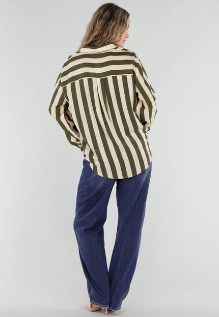 NEW211026 Groen Ecru Gestreepte Blouse met Knopen