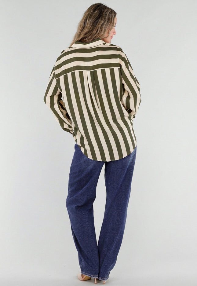 NEW211026 Groen Ecru Gestreepte Blouse met Knopen
