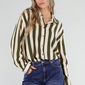 NEW211026 Groen Ecru Gestreepte Blouse met Knopen