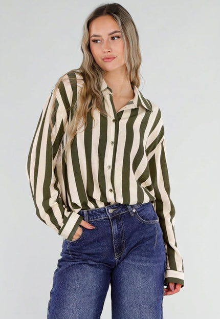 NEW211026 Groen Ecru Gestreepte Blouse met Knopen