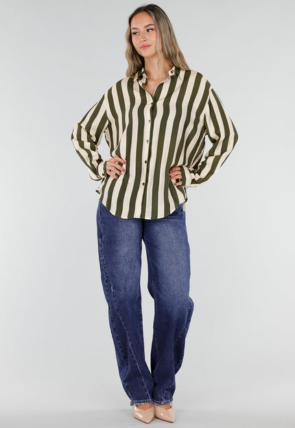 NEW211026 Groen Ecru Gestreepte Blouse met Knopen