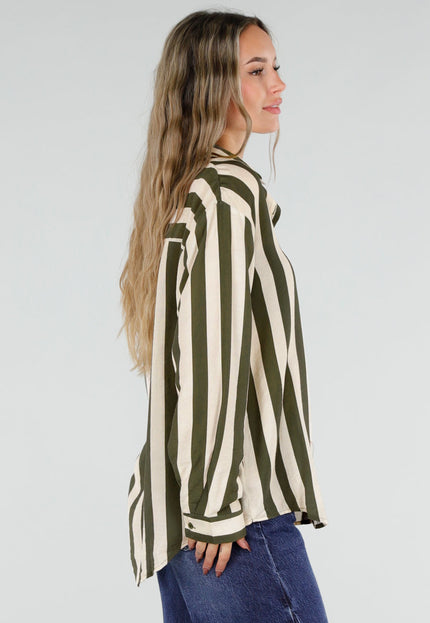 NEW211026 Groen Ecru Gestreepte Blouse met Knopen