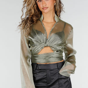 NEW211026 Groene Metallic Wikkeltop met Lange Mouwen