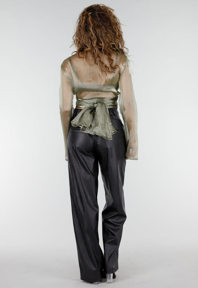 NEW211026 Groene Metallic Wikkeltop met Lange Mouwen